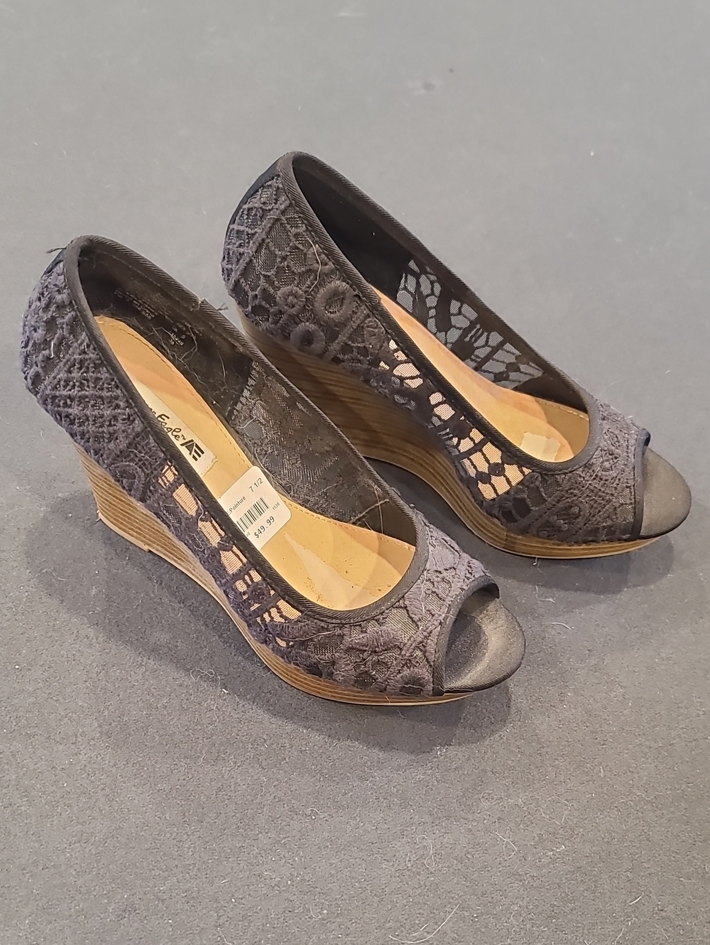 American Eagle Black Crochet Lace Peep-Toe Wedge Heels - Size 7.5